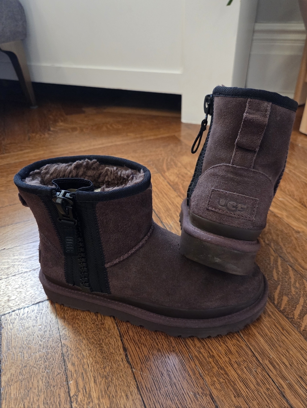 UGG® Mini Classic Zip Bootie (Women) BURNT CEDAR/ HARDWOOD CONTRAST, Size 6 M